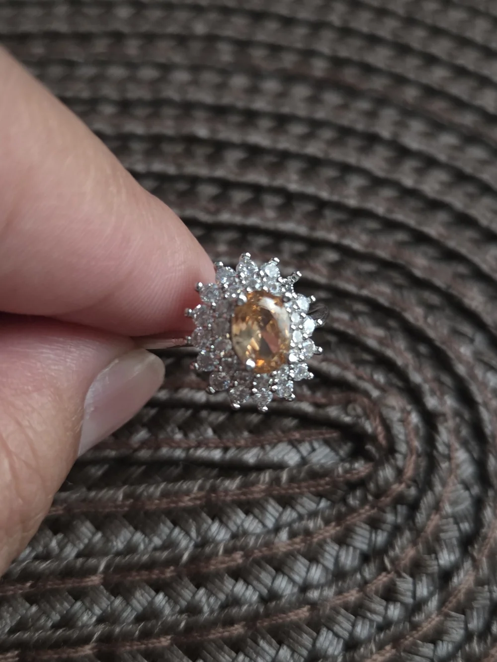 Oval Peach Ring with Clear Accent Stones - Women Jewelry